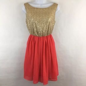Love Notes Dress coral and Gold Sequins Sz Medium